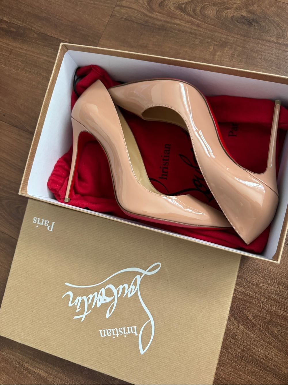 Christian Louboutin Nude Patent Stiletto Pumps with Red Sole